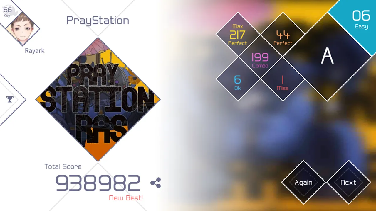 Voez result screen for the song PrayStation with a score of 938982